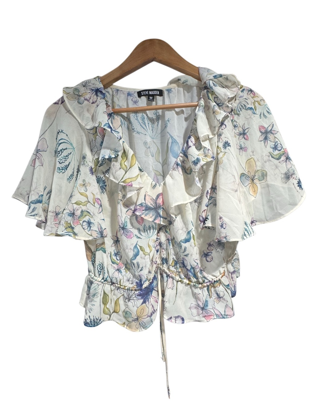 Steve Madden White Floral Ruffle Tie-Front Blouse